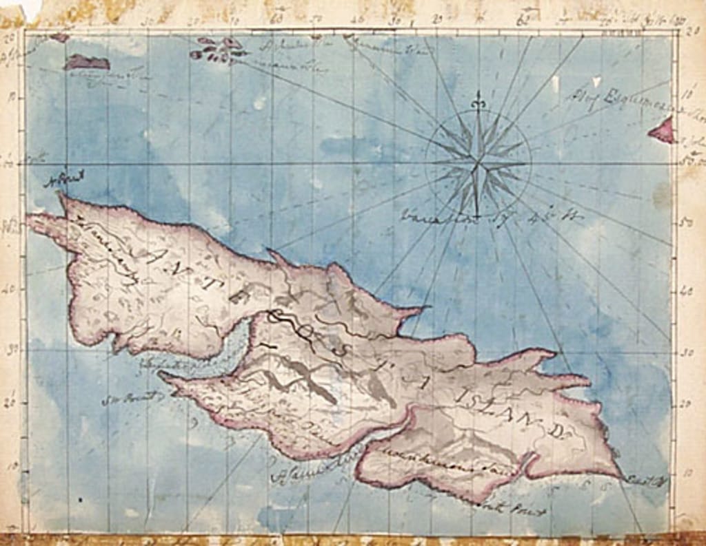 Carte de l'île d'Anticosti avec une partie des côtes et des îles Mingan