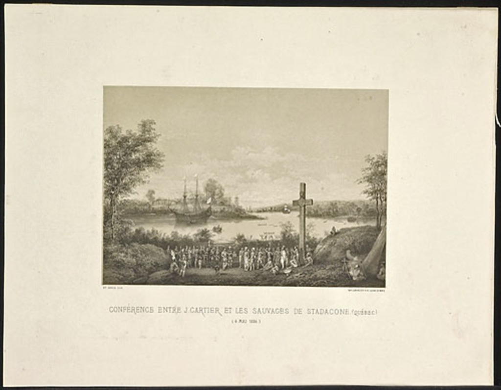 Conférence entre Jacques Cartier et les sauvages de Stadaconé, Québec, 6 mai 1536, de l'album Canada. Dessins historiques