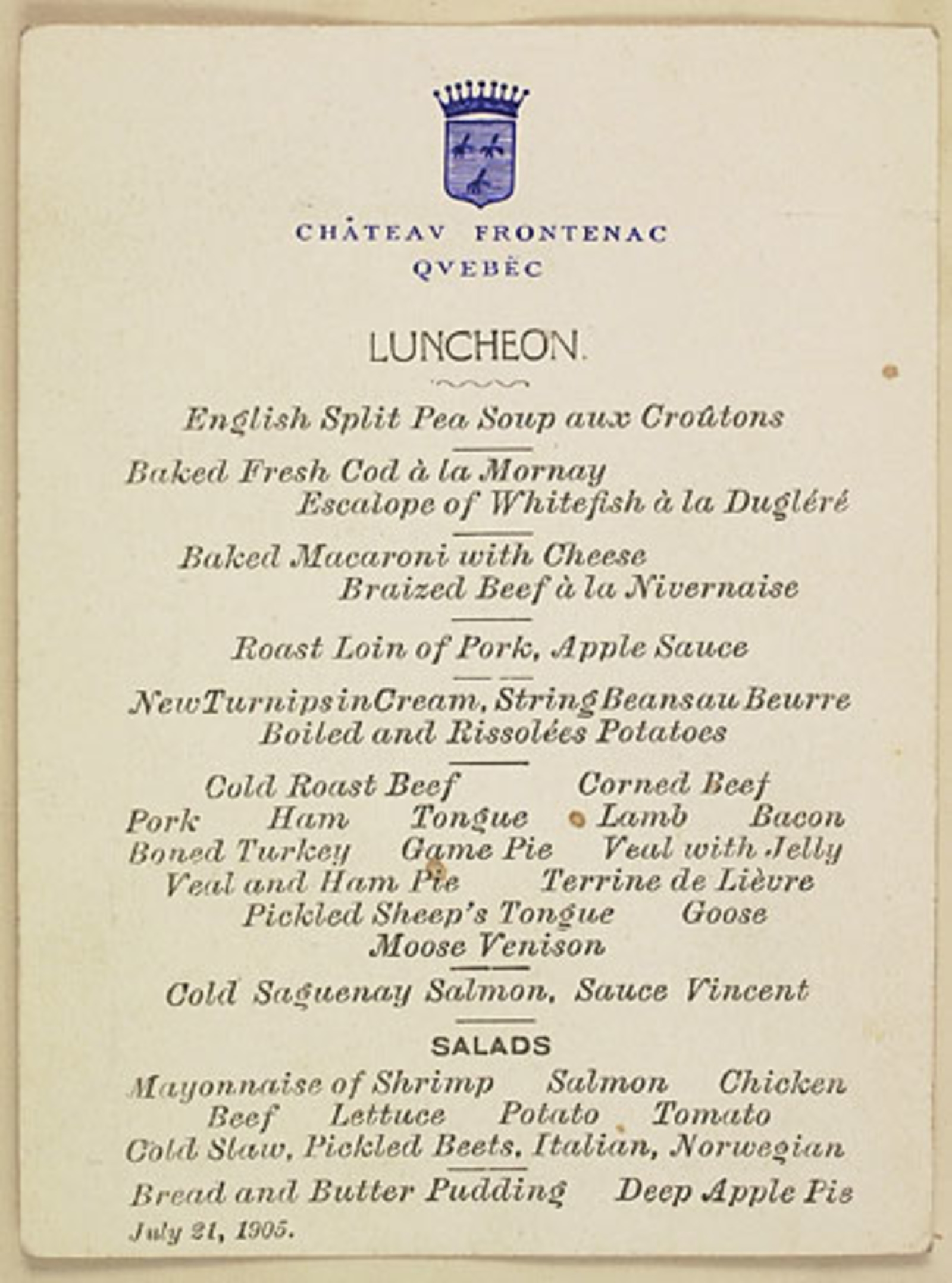 Un menu du Château Frontenac, Québec, de l'album du capitaine Frederick