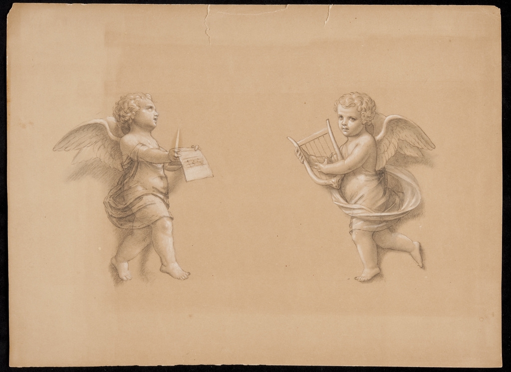 Deux anges tenant une lyre et une feuille de musique. Étude pour la décoration du mur d'entrée de la chapelle Nazareth, Montréal